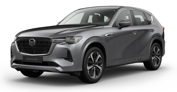 The all-new Mazda CX-60 Plug-In Hybrid SUV is available in a choice of eight exterior colours, here: Machine Grey