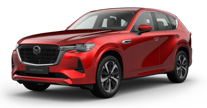 The all-new Mazda CX-60 Plug-In Hybrid SUV is available in a choice of eight exterior colours, here:  Soul Red Crystal